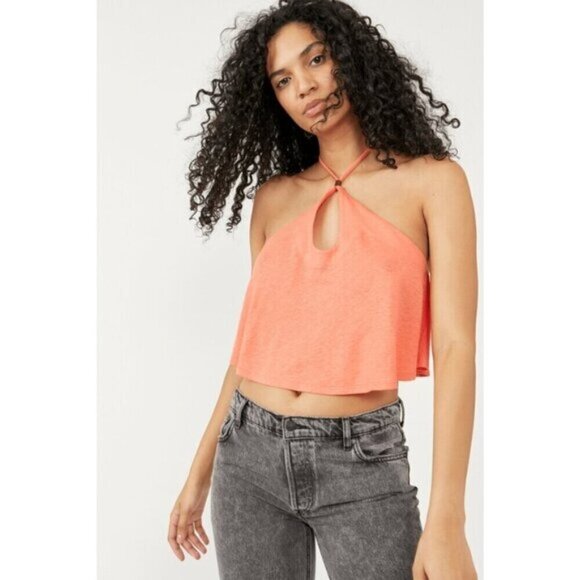 Free People Long Weekend Lightweight Linen Flowy Halter Top In Watermelon Large - Picture 2 of 6